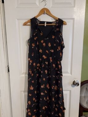 Xhilaration Black Maxi Dress with Orange Floral Pattern